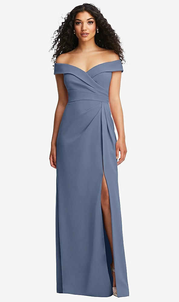 Front View - Larkspur Blue Cuffed Off-the-Shoulder Pleated Faux Wrap Maxi Dress
