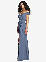 Side View Thumbnail - Larkspur Blue Cuffed Off-the-Shoulder Pleated Faux Wrap Maxi Dress