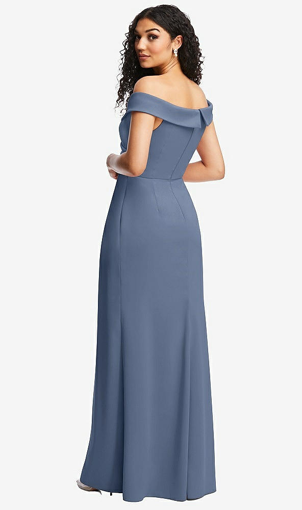 Back View - Larkspur Blue Cuffed Off-the-Shoulder Pleated Faux Wrap Maxi Dress