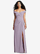 Front View Thumbnail - Lilac Haze Cuffed Off-the-Shoulder Pleated Faux Wrap Maxi Dress