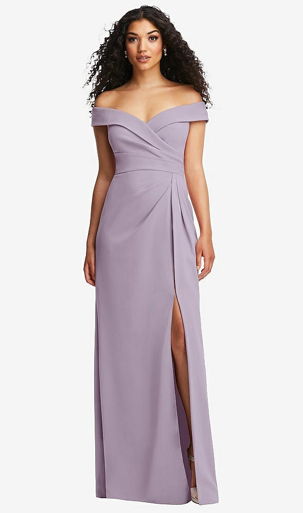 Front View - Lilac Haze Cuffed Off-the-Shoulder Pleated Faux Wrap Maxi Dress