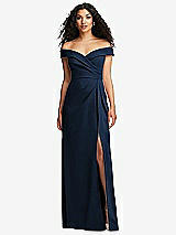 Front View Thumbnail - Midnight Navy Cuffed Off-the-Shoulder Pleated Faux Wrap Maxi Dress