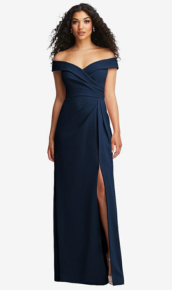 Front View - Midnight Navy Cuffed Off-the-Shoulder Pleated Faux Wrap Maxi Dress
