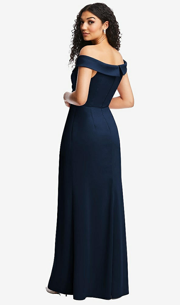 Back View - Midnight Navy Cuffed Off-the-Shoulder Pleated Faux Wrap Maxi Dress