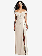 Front View Thumbnail - Oat Cuffed Off-the-Shoulder Pleated Faux Wrap Maxi Dress
