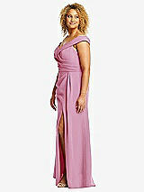Alt View 2 Thumbnail - Powder Pink Cuffed Off-the-Shoulder Pleated Faux Wrap Maxi Dress