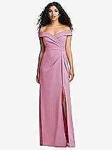 Front View Thumbnail - Powder Pink Cuffed Off-the-Shoulder Pleated Faux Wrap Maxi Dress