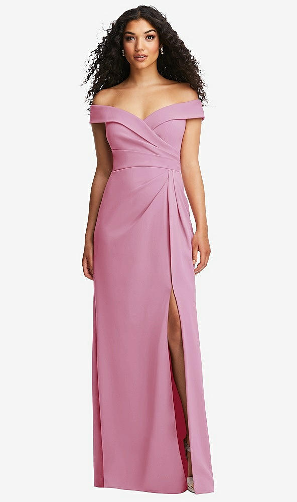 Front View - Powder Pink Cuffed Off-the-Shoulder Pleated Faux Wrap Maxi Dress