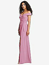 Side View Thumbnail - Powder Pink Cuffed Off-the-Shoulder Pleated Faux Wrap Maxi Dress