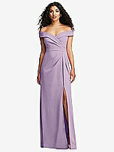 Front View Thumbnail - Pale Purple Cuffed Off-the-Shoulder Pleated Faux Wrap Maxi Dress