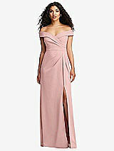 Front View Thumbnail - Rose - PANTONE Rose Quartz Cuffed Off-the-Shoulder Pleated Faux Wrap Maxi Dress