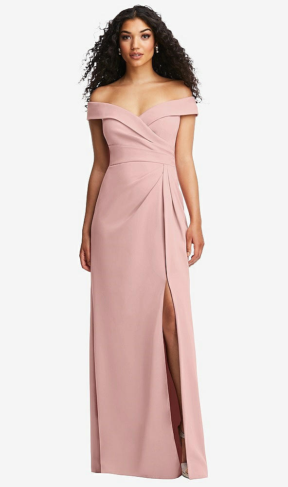 Front View - Rose - PANTONE Rose Quartz Cuffed Off-the-Shoulder Pleated Faux Wrap Maxi Dress