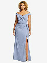 Alt View 1 Thumbnail - Sky Blue Cuffed Off-the-Shoulder Pleated Faux Wrap Maxi Dress
