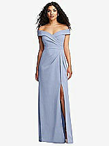 Front View Thumbnail - Sky Blue Cuffed Off-the-Shoulder Pleated Faux Wrap Maxi Dress
