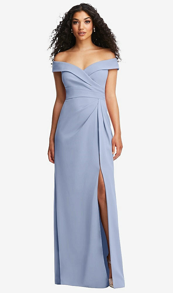 Front View - Sky Blue Cuffed Off-the-Shoulder Pleated Faux Wrap Maxi Dress