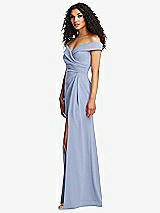 Side View Thumbnail - Sky Blue Cuffed Off-the-Shoulder Pleated Faux Wrap Maxi Dress