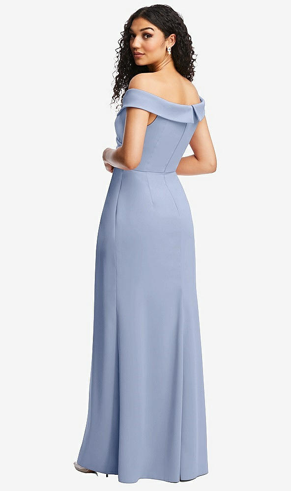 Back View - Sky Blue Cuffed Off-the-Shoulder Pleated Faux Wrap Maxi Dress