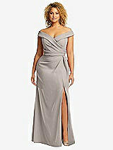 Alt View 1 Thumbnail - Taupe Cuffed Off-the-Shoulder Pleated Faux Wrap Maxi Dress