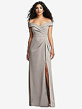 Front View Thumbnail - Taupe Cuffed Off-the-Shoulder Pleated Faux Wrap Maxi Dress