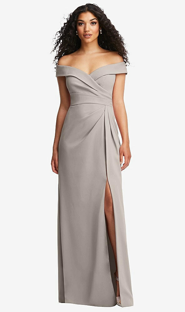 Front View - Taupe Cuffed Off-the-Shoulder Pleated Faux Wrap Maxi Dress