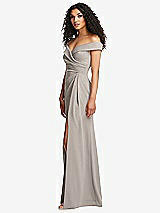 Side View Thumbnail - Taupe Cuffed Off-the-Shoulder Pleated Faux Wrap Maxi Dress