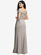 Rear View Thumbnail - Taupe Cuffed Off-the-Shoulder Pleated Faux Wrap Maxi Dress