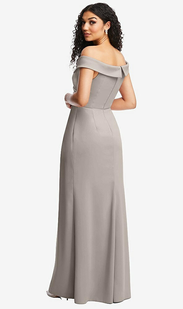 Back View - Taupe Cuffed Off-the-Shoulder Pleated Faux Wrap Maxi Dress