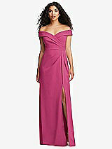 Front View Thumbnail - Tea Rose Cuffed Off-the-Shoulder Pleated Faux Wrap Maxi Dress