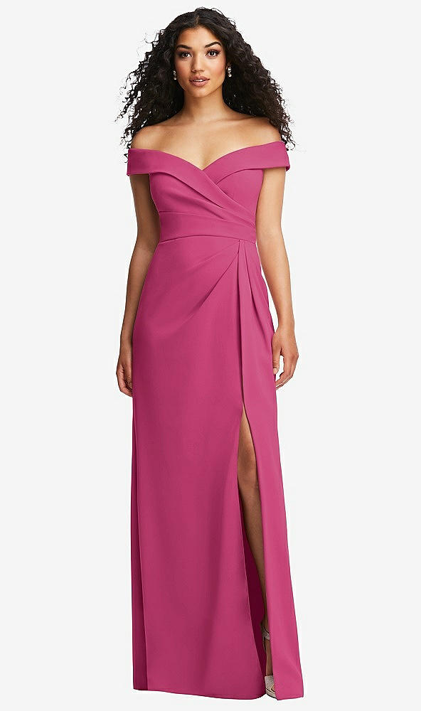 Front View - Tea Rose Cuffed Off-the-Shoulder Pleated Faux Wrap Maxi Dress