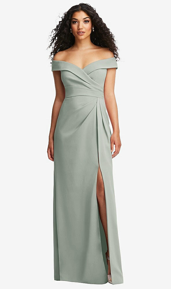 Front View - Willow Green Cuffed Off-the-Shoulder Pleated Faux Wrap Maxi Dress