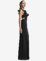 Side View Thumbnail - Black Ruffle-Trimmed Neckline Cutout Tie-Back Trumpet Gown