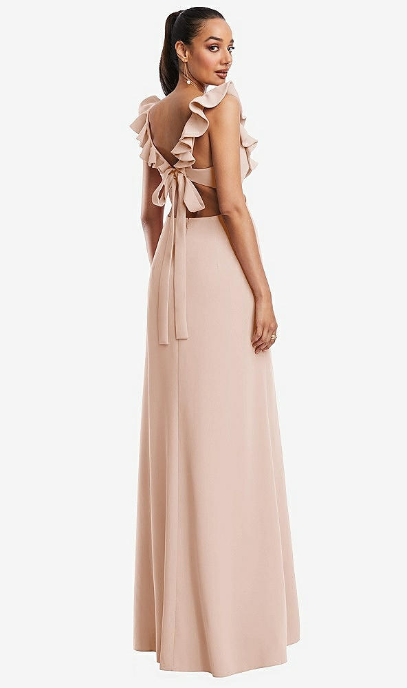 Back View - Cameo Ruffle-Trimmed Neckline Cutout Tie-Back Trumpet Gown