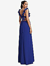 Rear View Thumbnail - Cobalt Blue Ruffle-Trimmed Neckline Cutout Tie-Back Trumpet Gown