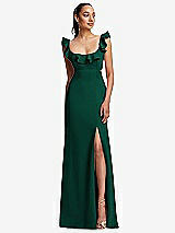 Front View Thumbnail - Hunter Green Ruffle-Trimmed Neckline Cutout Tie-Back Trumpet Gown