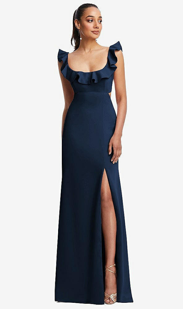 Front View - Midnight Navy Ruffle-Trimmed Neckline Cutout Tie-Back Trumpet Gown