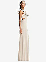 Side View Thumbnail - Oat Ruffle-Trimmed Neckline Cutout Tie-Back Trumpet Gown