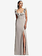 Front View Thumbnail - Taupe Ruffle-Trimmed Neckline Cutout Tie-Back Trumpet Gown
