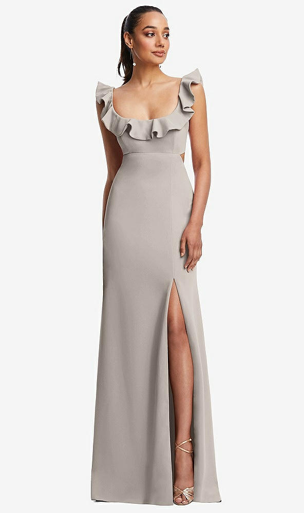 Front View - Taupe Ruffle-Trimmed Neckline Cutout Tie-Back Trumpet Gown