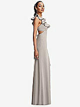 Side View Thumbnail - Taupe Ruffle-Trimmed Neckline Cutout Tie-Back Trumpet Gown