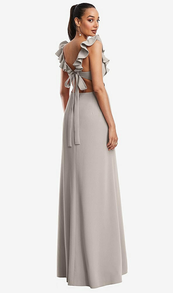 Back View - Taupe Ruffle-Trimmed Neckline Cutout Tie-Back Trumpet Gown