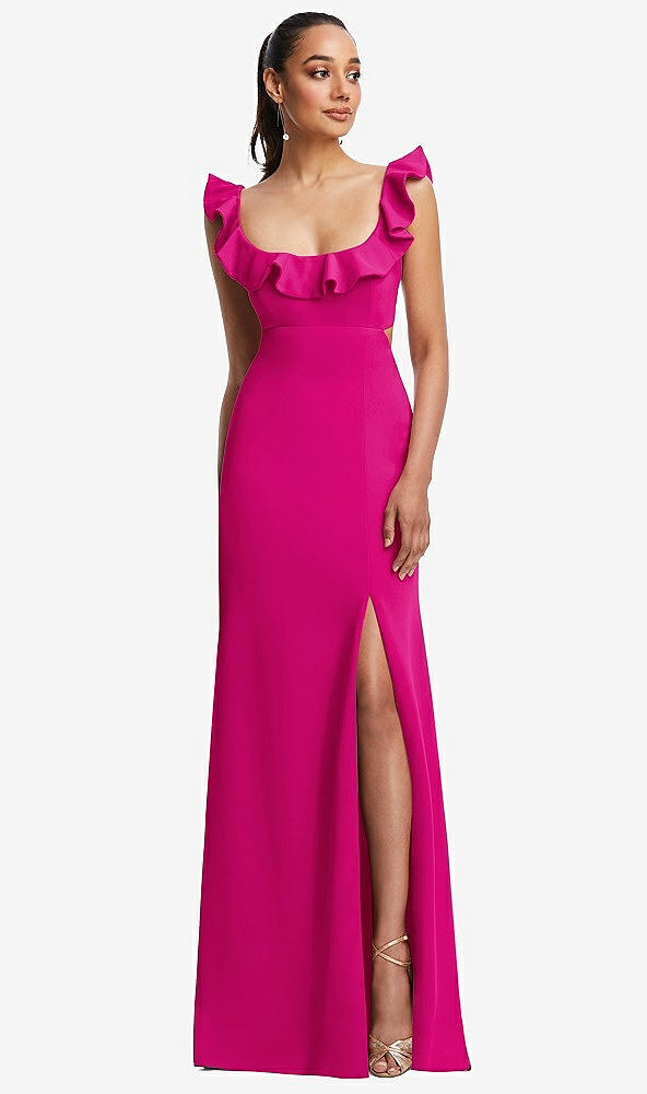 Front View - Think Pink Ruffle-Trimmed Neckline Cutout Tie-Back Trumpet Gown
