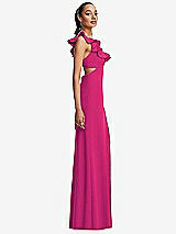 Side View Thumbnail - Think Pink Ruffle-Trimmed Neckline Cutout Tie-Back Trumpet Gown