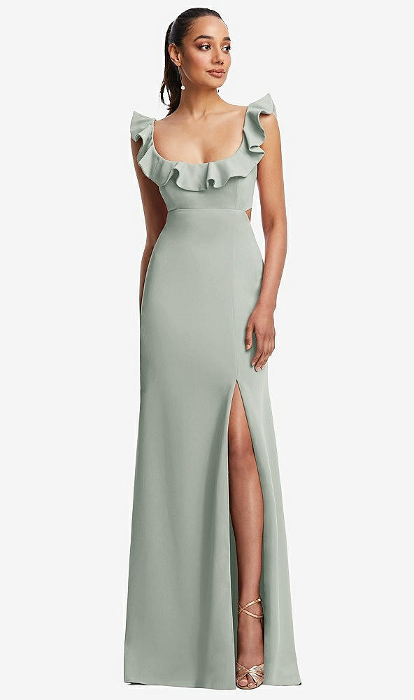 Front View - Willow Green Ruffle-Trimmed Neckline Cutout Tie-Back Trumpet Gown