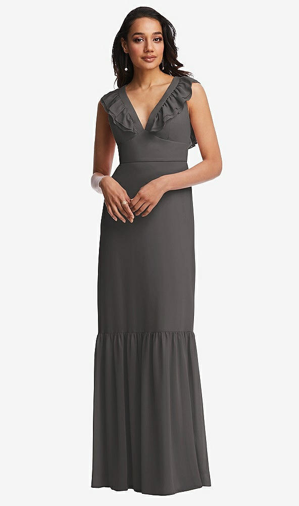 Front View - Caviar Gray Tiered Ruffle Plunge Neck Open-Back Maxi Dress with Deep Ruffle Skirt