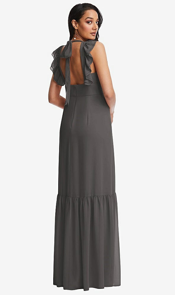 Back View - Caviar Gray Tiered Ruffle Plunge Neck Open-Back Maxi Dress with Deep Ruffle Skirt