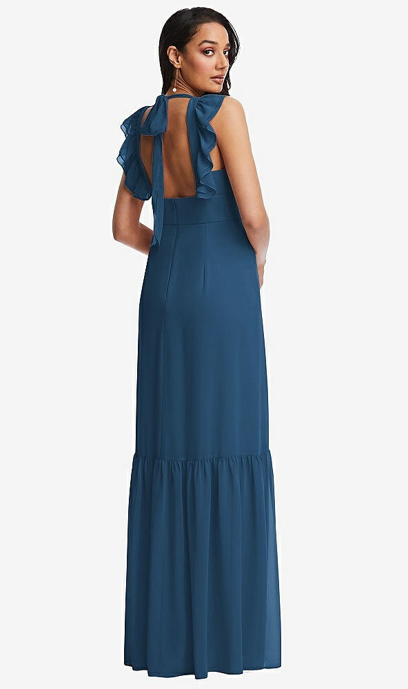 Back View - Dusk Blue Tiered Ruffle Plunge Neck Open-Back Maxi Dress with Deep Ruffle Skirt