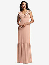 Front View Thumbnail - Pale Peach Tiered Ruffle Plunge Neck Open-Back Maxi Dress with Deep Ruffle Skirt