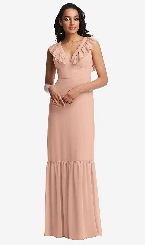 Front View - Pale Peach Tiered Ruffle Plunge Neck Open-Back Maxi Dress with Deep Ruffle Skirt