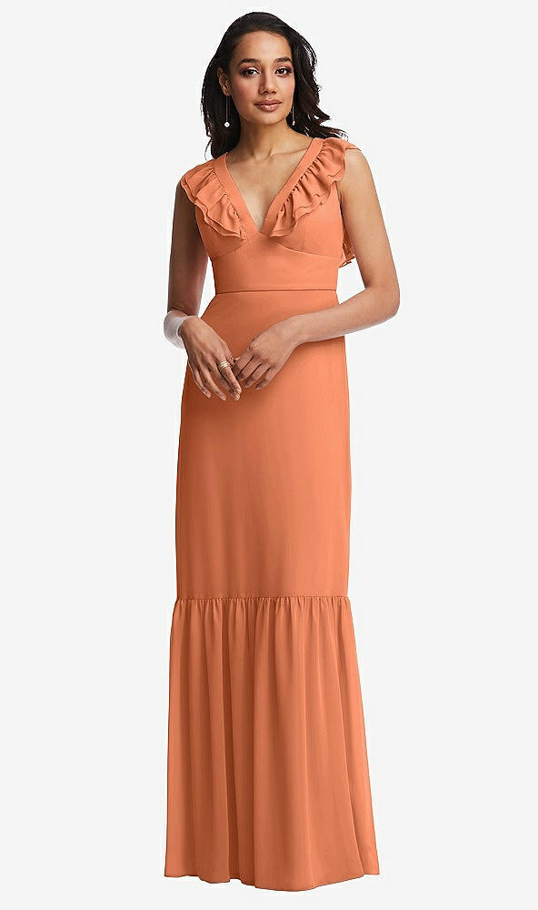 Front View - Sweet Melon Tiered Ruffle Plunge Neck Open-Back Maxi Dress with Deep Ruffle Skirt