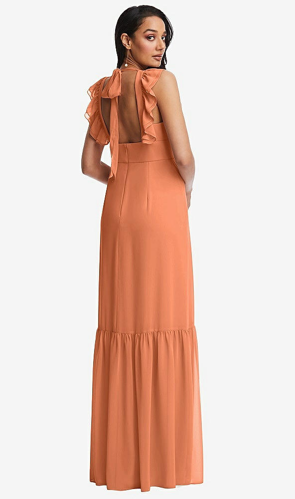 Back View - Sweet Melon Tiered Ruffle Plunge Neck Open-Back Maxi Dress with Deep Ruffle Skirt